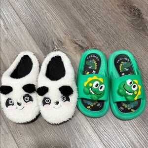 Kids Panda and Dinosaur Slippers - Black, White, Green